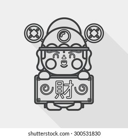 Chinese New Year flat icon with long shadow, God of wealth, line icon