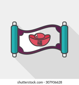 Chinese New Year flat icon with long shadow,eps10, Gold ingot calligraphy scrolls means " wish good luck and fortune comes."