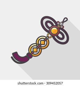 Chinese New Year flat icon with long shadow, lucky Chinese knot pendant means " wish good luck and fortune comes."