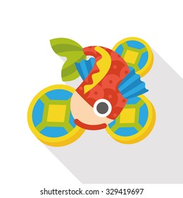 Chinese New Year flat icon; Chinese fish lucky pendant means "May you always get more than you wish for." 