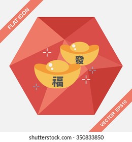 Chinese New Year flat icon with long shadow,eps10, Gold ingot with Chinese words means " wish good luck."