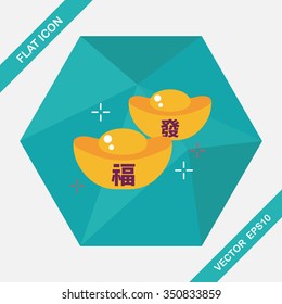 Chinese New Year flat icon with long shadow,eps10, Gold ingot with Chinese words means " wish good luck."