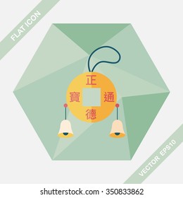 Chinese New Year flat icon with long shadow,eps10, Ancient Coins lucky pendant means " wish good luck and fortune comes."