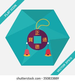 Chinese New Year flat icon with long shadow,eps10, Ancient Coins lucky pendant means " wish good luck and fortune comes."