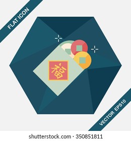 Chinese New Year flat icon with long shadow,eps10, Ancient coins lucky pendant means " wish good luck and fortune comes."