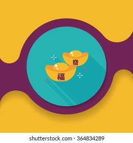 Chinese New Year flat icon with long shadow,eps10, Gold ingot with Chinese words means " wish good luck."