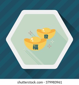 Chinese New Year flat icon with long shadow,eps10, Gold ingot with Chinese words means " wish good luck."