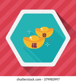 Chinese New Year flat icon with long shadow,eps10, Gold ingot with Chinese words means " wish good luck."