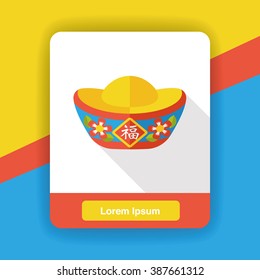 Chinese New Year flat icon; Gold ingot with Chinese words means " wish good luck."