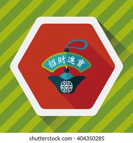 Chinese New Year flat icon with long shadow,eps10, Gold ingot lucky pendant means " wish good luck and fortune comes."