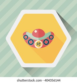 Chinese New Year flat icon with long shadow,eps10, Gold ingot with Chinese words means " wish you earn a lot of money."