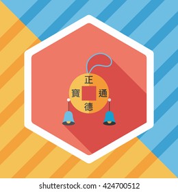 Chinese New Year flat icon with long shadow,eps10, Ancient Coins lucky pendant means " wish good luck and fortune comes."