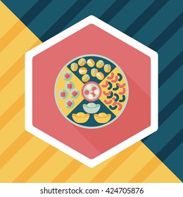 Chinese New Year flat icon with long shadow,eps10, Chinese desserts plate include nuts, candies and cookies.