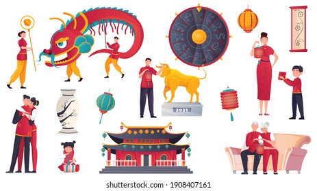 Iconos planos chinos de año nuevo con la gente símbolos tradicionales de vacaciones y decoraciones ilustraciones vectoriales aisladas