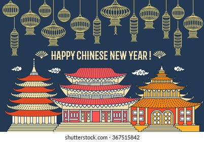 Chinese New Year Flat Thin Line Greeting Card Template. Temple Pagoda House, Lantern, Firework, Monkey. Chinese New Year 2016 Linear Minimal Modern Stroke Vector Concept. Web, Banner, Poster, Flyer