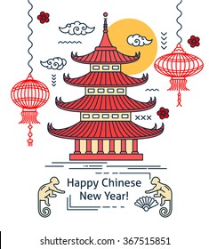 Chinese New Year flat thin line greeting card template. Temple pagoda house, lantern, firework, monkey. Chinese New Year 2016 linear minimal modern stroke vector concept. Web, banner, poster, flyer