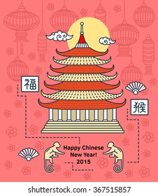 Chinese New Year flat thin line greeting card template. Temple pagoda house, lantern, firework, monkey. Chinese New Year 2016 linear minimal modern stroke vector concept. Web, banner, poster, flyer