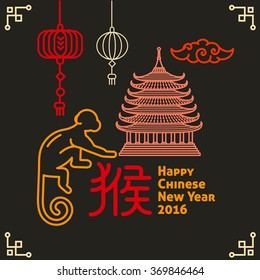 Chinese New Year flat thin line greeting card template. Temple pagoda house, lantern, firework, monkey. Chinese New Year 2016 linear minimal modern stroke vector concept. Web, banner, poster, flyer