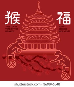 Chinese New Year flat thin line greeting card template. Temple pagoda house, lantern, firework, monkey. Chinese New Year 2016 linear minimal modern stroke vector concept. Web, banner, poster, flyer