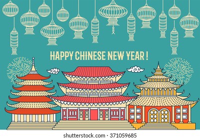 Chinese New Year Flat Thin Line Greeting Card Template. Temple Pagoda House, Lantern, Firework, Monkey. Chinese New Year 2016 Linear Minimal Modern Stroke Vector Concept. Web, Banner, Poster, Flyer