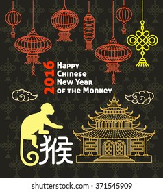 Chinese New Year flat thin line greeting card template. Temple pagoda house, lantern, firework, monkey. Chinese character translation: year of monkey, fortune. Stroke vector web banner, poster, flyer