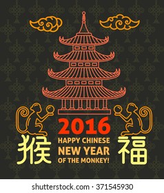 Chinese New Year flat thin line greeting card template. Temple pagoda house, lantern, firework, monkey. Chinese character translation: year of monkey, fortune. Stroke vector web banner, poster, flyer