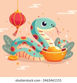 Chinese New Year flat vector design with cute snake, ingots, green plants, oriental clouds.