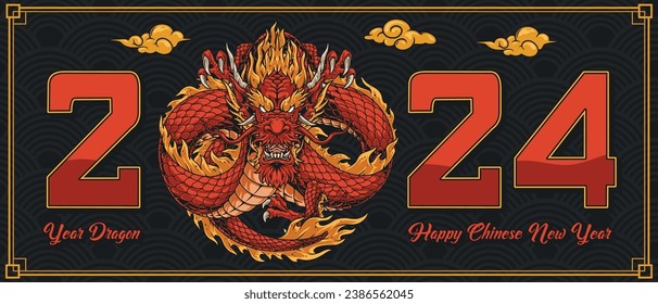 Chinese new year flyer colorful with red dragon with fiery mane and wishing happy holiday 2024 vector illustration