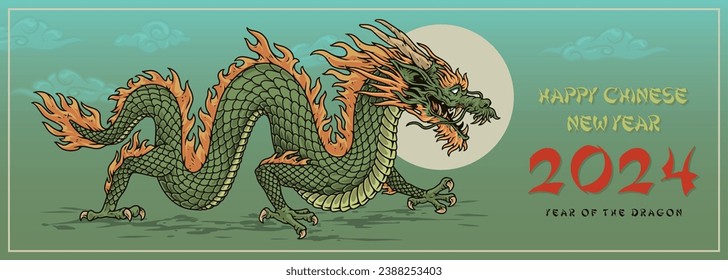 Chinese new year flyer colorful with dragon mascot 2024 according to eastern calendar walking near sun vector illustration