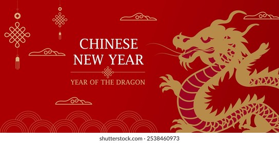 Chinese New Year with a focus on the Year of the Dragon vector banner, poster, cover with red background