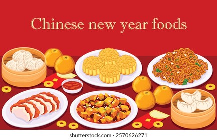 Chinese New Year Food Illustration – Traditional Dishes Like Dumplings, Mooncakes, and Oranges to Celebrate the Festivities.