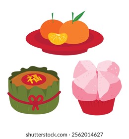 Chinese New Year food set featuring nian gao (sticky rice cake) in leaf baskets, fa gao (prosperity cake) in red liners, and mandarin oranges on a red plate. Perfect for festive and cultural designs.