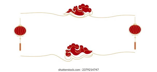 Chinese New Year frame in simple thin line style editable vector illustration, gold color outline, red objects, white color background eps 10