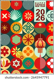 Chinese New Year - a fully editable poster in Asian style for the Eastern New Year holiday. Digital illustration, flat, cartoon style in bright colors with text.