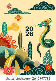 Chinese New Year - a fully editable poster in Asian style for the Eastern New Year holiday. Digital illustration, flat, cartoon style in bright colors with text.