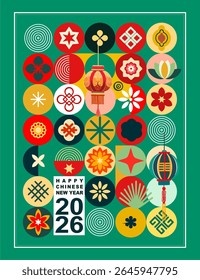 Ano Novo Chinês - um cartaz totalmente editável em estilo Asiático para o feriado de Ano Novo Oriental. Ilustração digital, plano, estilo cartoon em cores brilhantes com texto.