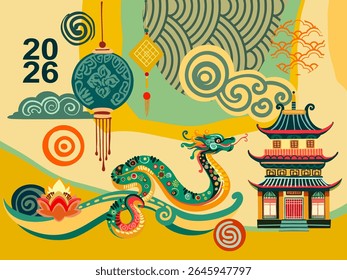Chinese New Year - a fully editable poster in Asian style for the Eastern New Year holiday. Digital illustration, flat, cartoon style in bright colors with text.