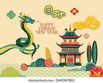 Chinese New Year - a fully editable poster in Asian style for the Eastern New Year holiday. Digital illustration, flat, cartoon style in bright colors with text.