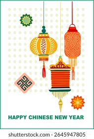 Chinese New Year - a fully editable poster in Asian style for the Eastern New Year holiday. Digital illustration, flat, cartoon style in bright colors with text.