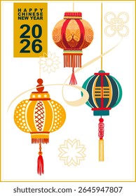 Chinese New Year - a fully editable poster in Asian style for the Eastern New Year holiday. Digital illustration, flat, cartoon style in bright colors with text.