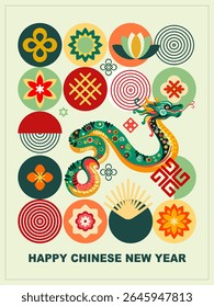 Chinese New Year - a fully editable poster in Asian style for the Eastern New Year holiday. Digital illustration, flat, cartoon style in bright colors with text.
