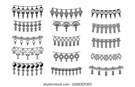 Chinese new year garland outline vector illustration set