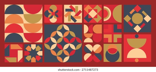 Chinese New Year geometric pattern vector illustration with bold abstract shapes, modern festive motifs, star elements and red decorative blocks. Elegant design for greeting cards and wallpaper.