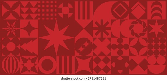 Chinese New Year geometric pattern vector illustration with bold abstract shapes, modern festive motifs, star elements and red decorative blocks. Elegant design for greeting cards and wallpaper.