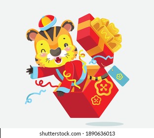 Chinese new year gift. Chinese tiger in red gift box. Chinese new year 2022. Year of the ox.