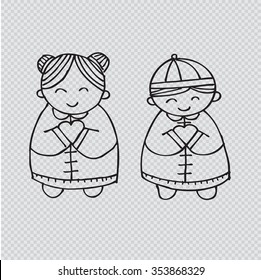 Chinese New Year girl and boy. Hand drawing illustration.