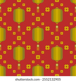 Chinese new year.Red gold Asian lantern and flowers seamless pattern background. Lunar festival tradition culture ornaments.Illustration design for happy festival celebration, wrapping paper,card,deco