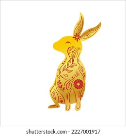 Chinese New Year Gold Gradient Zodiac Rabbit with Red Floral Ornament