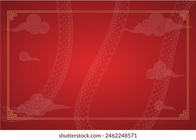 Año nuevo chino, oro y rojo, Plantilla para saludos, Anuncio, afiche. 2025 Marco con piel de serpiente y espacio de copia