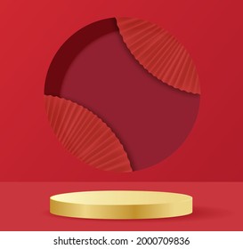 Chinese New Year, Golden Podium Display Mockup On Red Abstract Background With Hand Paper Fan For Product Minimal Presentation, 3d Rendering.